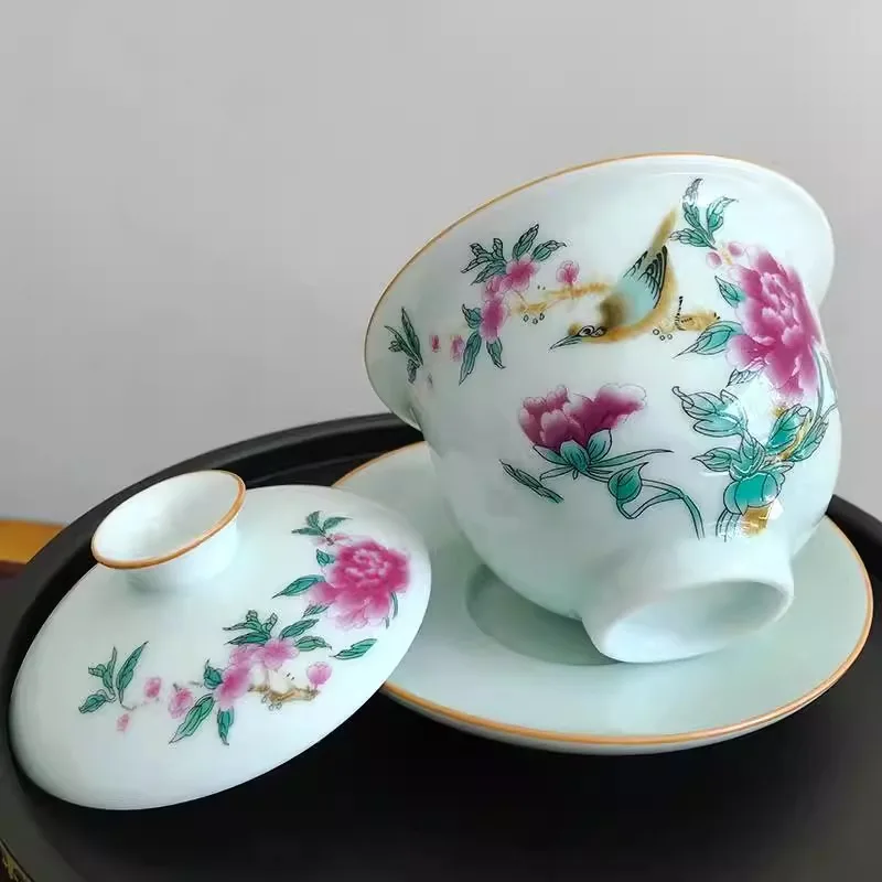 HMLOVE White Porcelain Sancai Gaiwan Color Enamel Cover Bowl Lid Saucer Vintage Handmade Tea Tureen Teaware Sets Gift 200ML