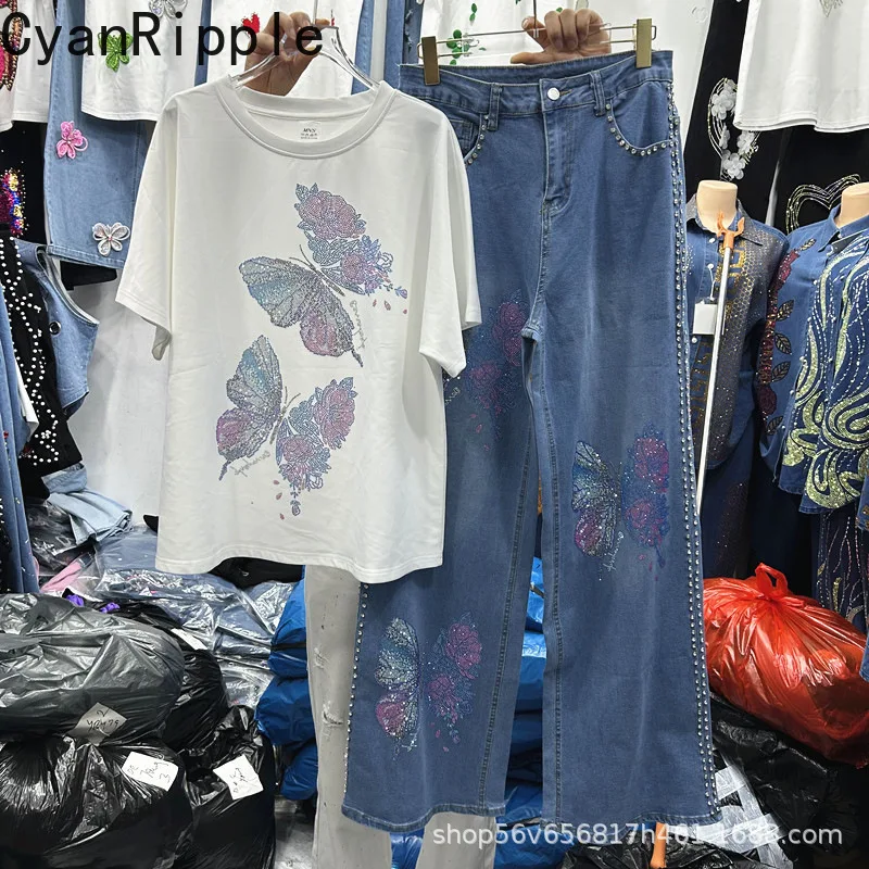 

New Spring Summer Women Two-piece Sets Hot Diamond Butterfly White Short Sleeve T-shirt Top + High Waist Wide Leg Straight Pants