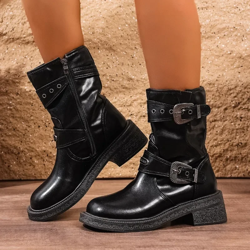 Metal Belt Buckle Block Heel Single Boots Autumn New Round Toe Side Zip Platform Non-Slip Shorthole Boots