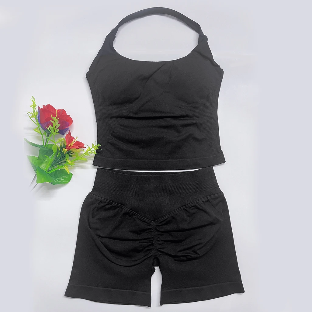 Yoga outfits Dames 2 stuks Sport DFNNYE Impact Set halterneck Backless Halter Top Naadloze Scrunch Shorts Gym Workout Sportpak