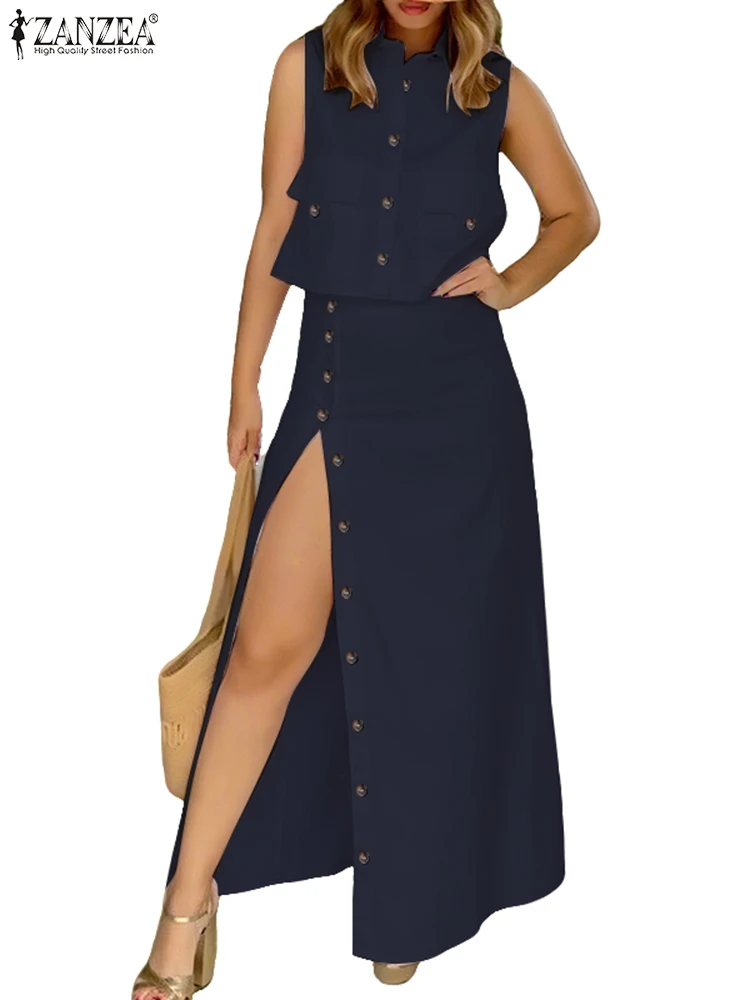 

ZANZEA Fashion Women Elegant Dress Sets Summer 2PCS 2025 Sleeveless Tops and Buttons Maxi Skirts Casual Solid Two-piece Outfits