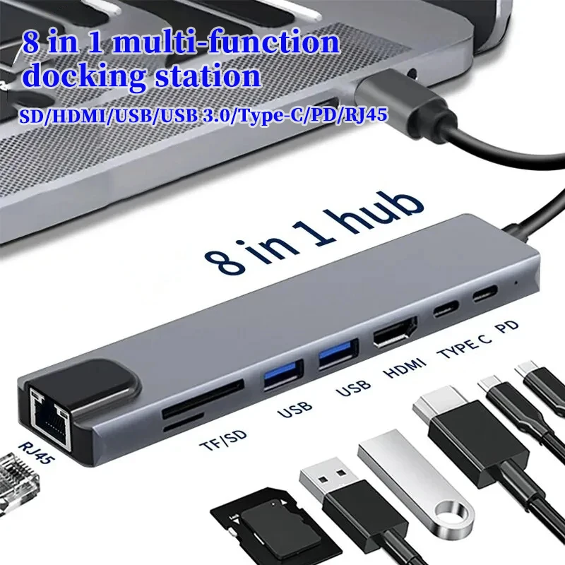 

8 in1 USB C HUB Docking Station Type C Splitter 4K Laptop USB Adapter PD SD TF For Macbook Laptop PC USB3.0 RJ45 HDMI-Compatible
