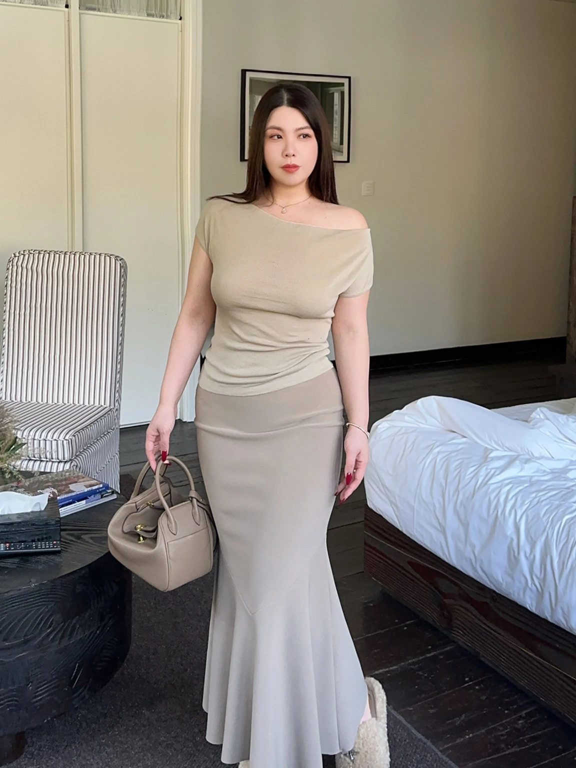 

Ele Commute Large Size Knitted T-irt Slimming Stretchy Comfortable Versatile Profional ort Sve Women's Top