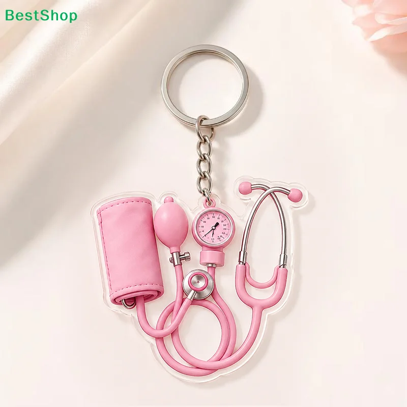 〔Q〕1Pcs  Nurse Bag Charm Pendant 2D Flat Doctor Cute Pink Mini Stethoscope Keychain Gift Accessory For Keys Backpack