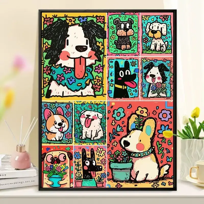 Morden Black Framed Wall Art for Living Room Cartoon Animal Prints Home Decor Sketch Painting Picture Bedroom Wall Decor Gifts