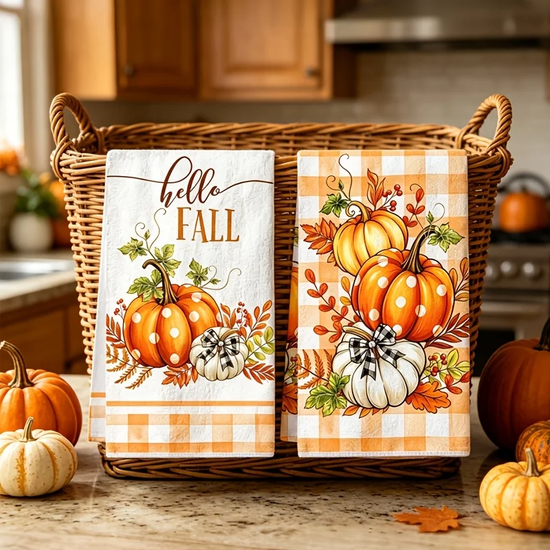 2-Pack Autumn Kitchen Towel with Buffalo Checked Orange Pumpkin Pattern