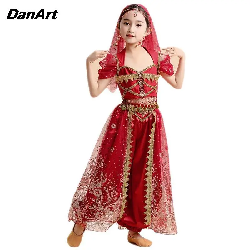 Vestido de princesa Jasmine para niños, conjunto de traje de danza del vientre para niñas, vestido de práctica de actuación, ropa de entrenamiento