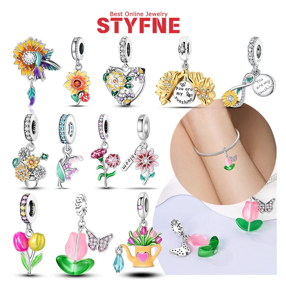 

925 Silver Flower Series Charms Sunflower Tulip Carnation Watering Can Beads Pendants Fit Bracelet DIY Fine Jewelry Making