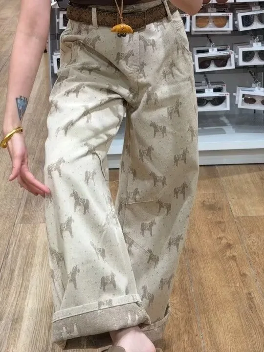 Loose Straight Leg Denim Jeans Women's Autumn New Khaki High Waist Narrow Version Wide Leg Pants Design Sense  Print