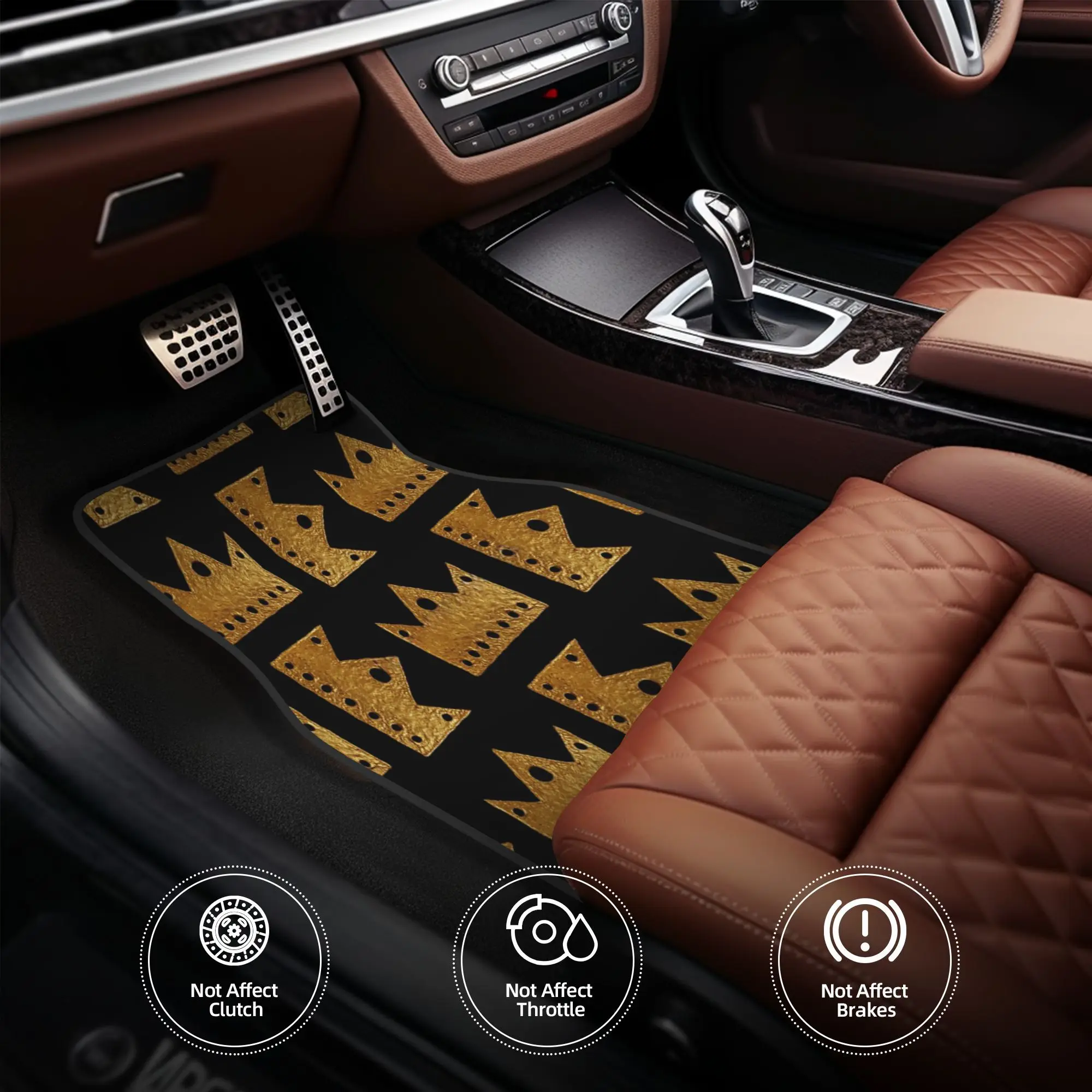 4pcs Luxury Car Floor Mats With Golden Crown Pattern - Heavy-Duty Fit Auto Floor Liners, Non-Slip Black & Golden Vehicle Interio