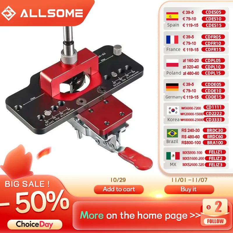 

Allsome 35mm Concealed Hinge Jig Kit Woodworking Hole Drilling Guide Locator,Aluminum Alloy Hole Opener Tools Puncher Template