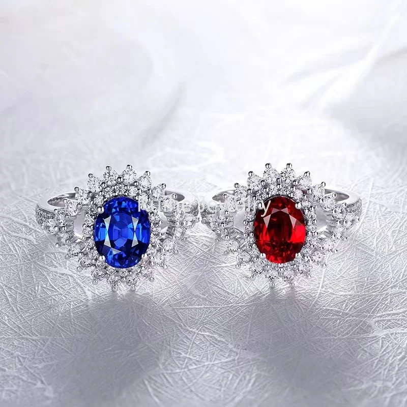 Ruihe 9K Gold Lab Grown Sapphire Ruby 1.6Ct Gems Ring Fashion Jewelry for Women Couple Engagementring Gifts Wedding Ring