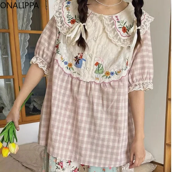 Onalippa Kawaii Cartoon Embroidery Sweet Womens Tops Peter Pan Collar Lace Ruffles Plaid Shirts Gentle Wind Loose Pullover