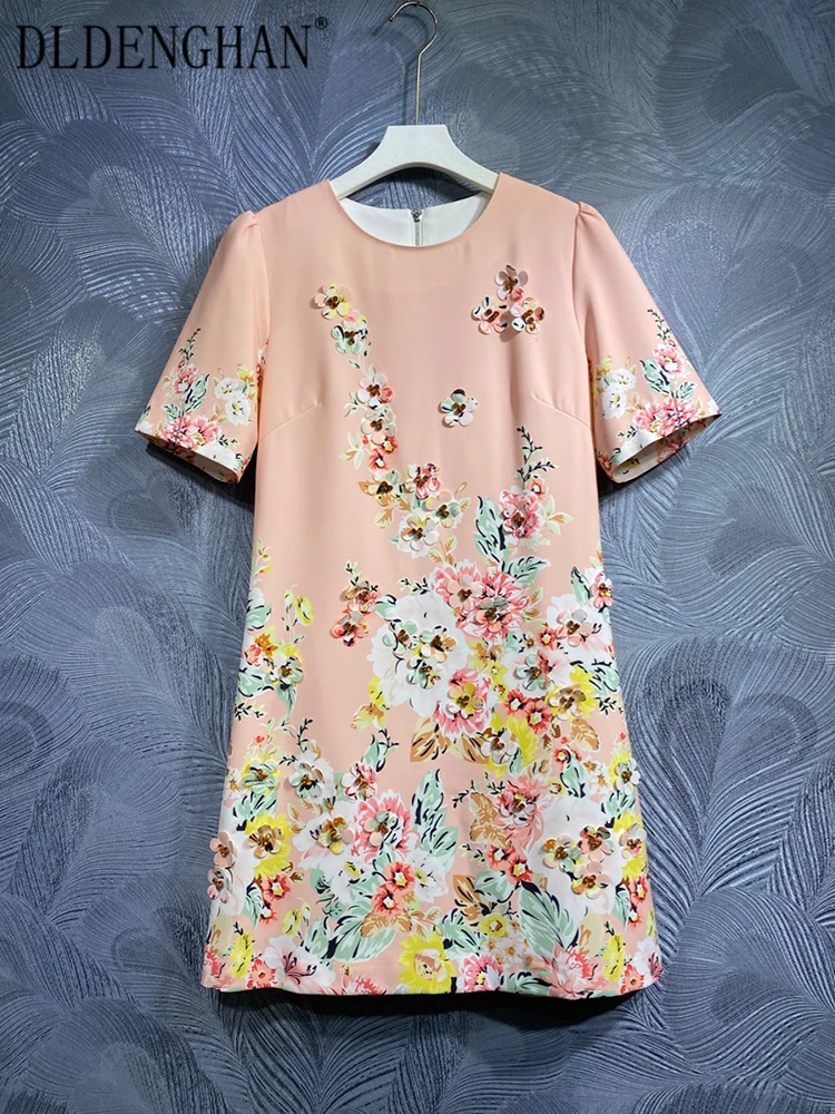 

DLDENGHAN Spring Summer Mini Dress Women O-Neck Short Sleeve Crystal Beading Flowers Print Vintage Dresses Fashion Designer New