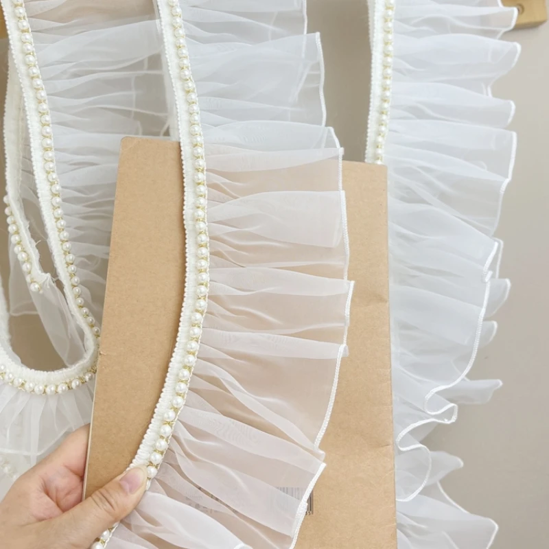 Pleated Organza Lace Fabric, Beaded Fringed, Ruffle Collar, Wedding Dress, Guipure, DIY Sewing Decor, 10cm Wide