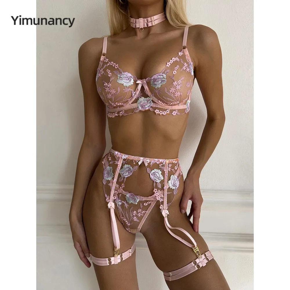 Yimunancy Floral Emrboidery Lingerie Set Women 5-Piece Sexy Erotic Sheer Bra + Panty Underwear Set Sensual Gater Kit