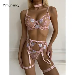 Yimunancy Floral Emrboidery Lingerie Set Women 5-Piece Sexy Erotic Sheer Bra + Panty Underwear Set Sensual Gater Kit