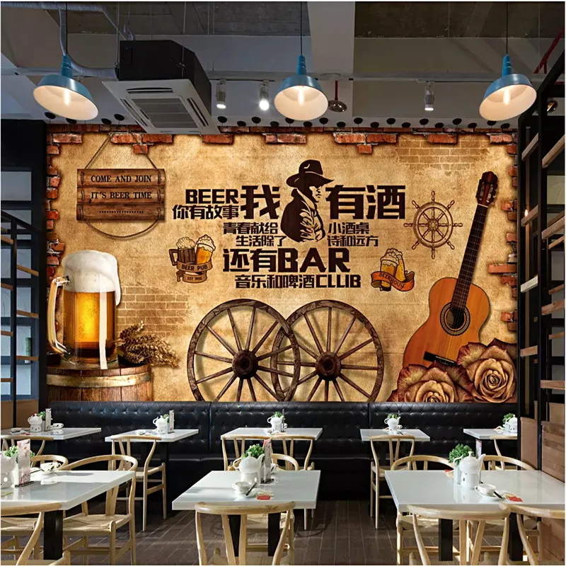 European and American Style Retro Wood or Brick Wall Cowboy Beer Mural Wallpaper 3D Restaurant Bar KTV Winery Walls Decor Murals