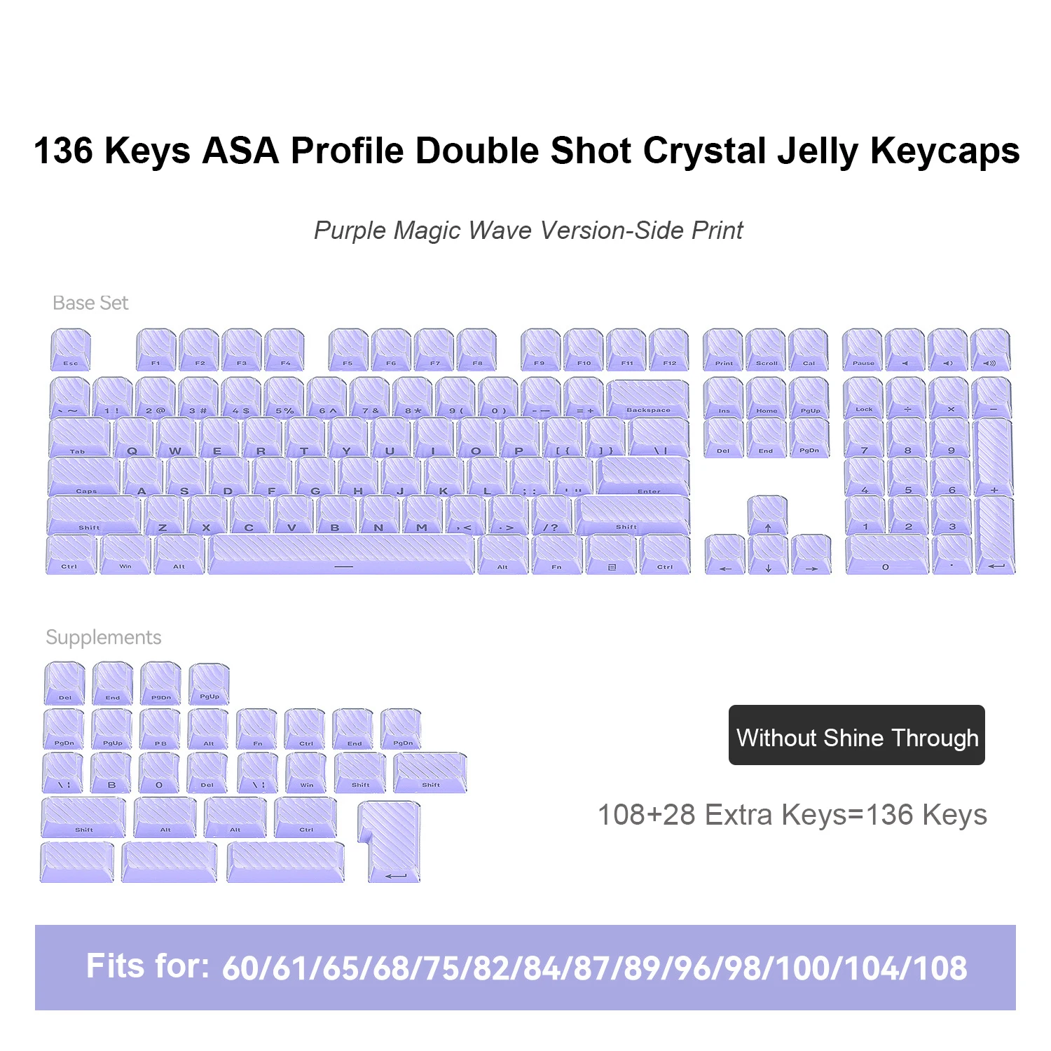 136 teclas Double Shot Side-lit ABS Keycaps ASA Perfil Magic Wave Roxo Jello Crystal Clear PC Keycaps para MX Switches Teclado