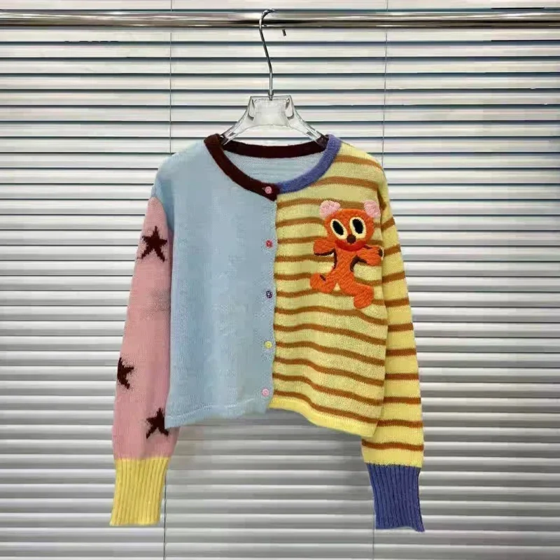 

Korean Fashion Striped Patchwork Cashmere Sweater Women Autumn Winter New Cardigan Knitwear Contrast Color Knitwear