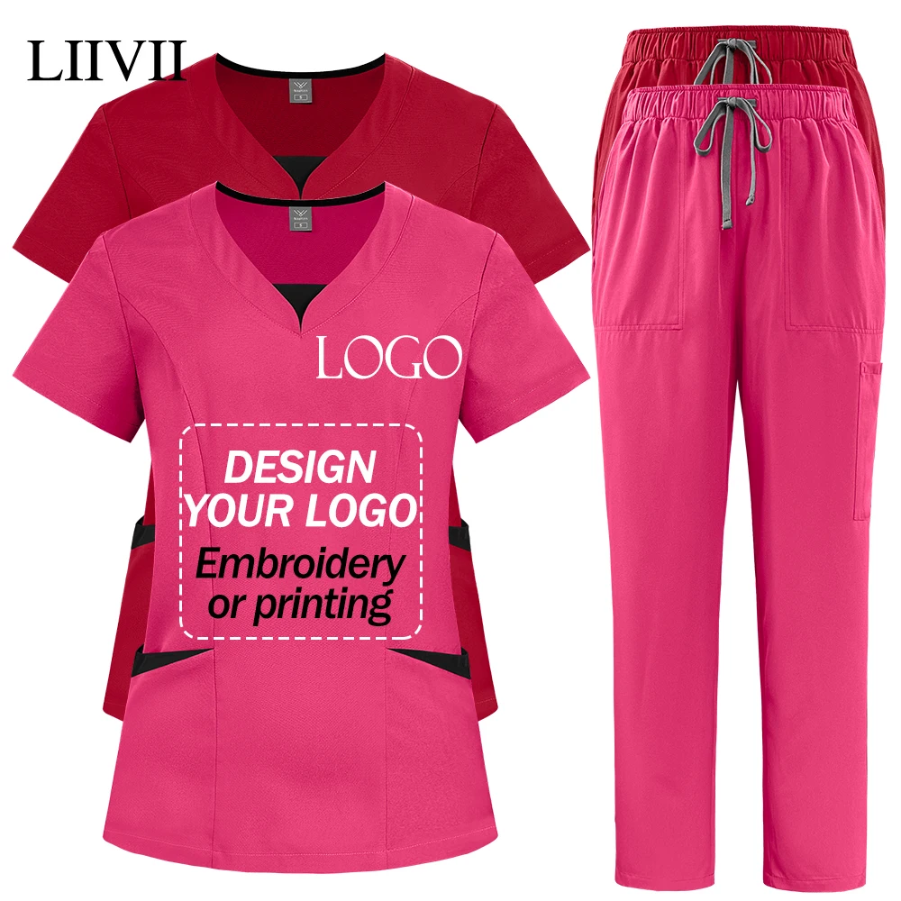 Custom Logo Beauty Spa Work Wear Fashion Medical Scrubs Set Fashion Splicing Blouse Straight Pants Nursing Clothes Vet Work Suit