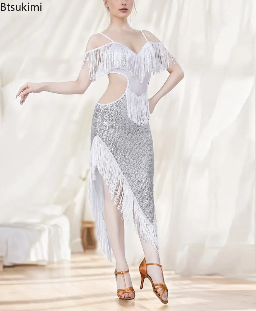 New Style Women Fashion Latin Dance Dress Lady Tassel Sequin Latin Dancing Long Dress Samba Practice Wear Performance Clothing