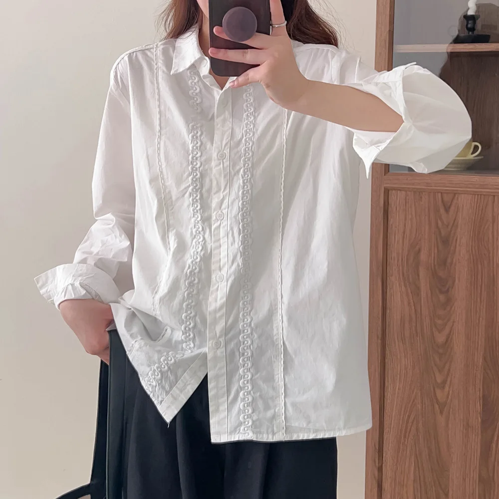 New Spring Cotton OL Shirt Women Lapel Neck Long Sleeve Solid Tops Girl Retro Literature Commute Blouse 2024 Autumn T45451QM