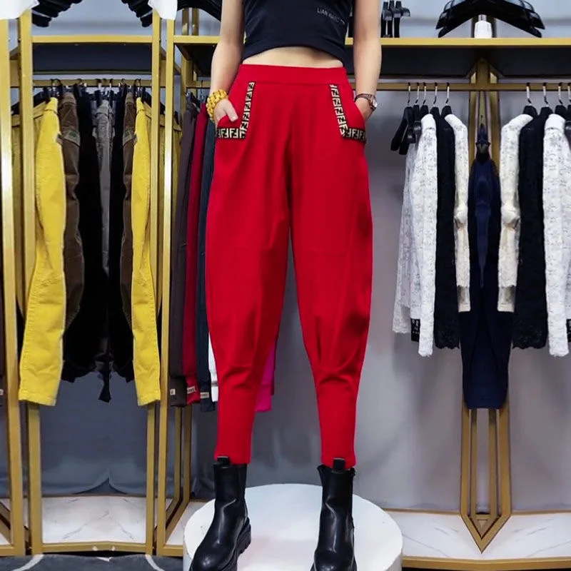 سراويل هارلان نسائية عالية الخصر مبطنة بالصوف فضفاضة غير رسمية متعددة الاستخدامات على الطراز الكوري سراويل فانوس ملابس عمل سر...