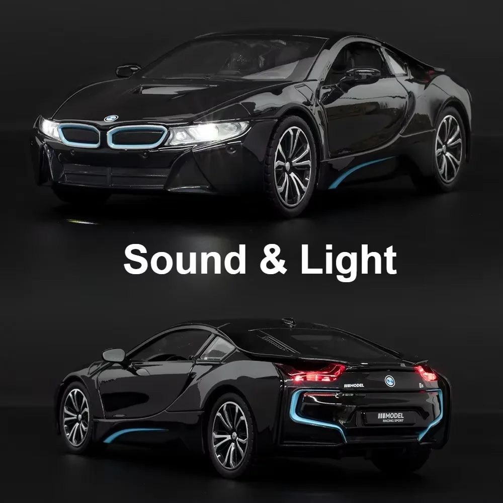 1:22 BMW I8 Legering Diecast Sportwagen Model Speelgoed Geluid Licht Deuren Geopend Trek Rubberen Banden Supercars Festival Cadeaus voor Kid