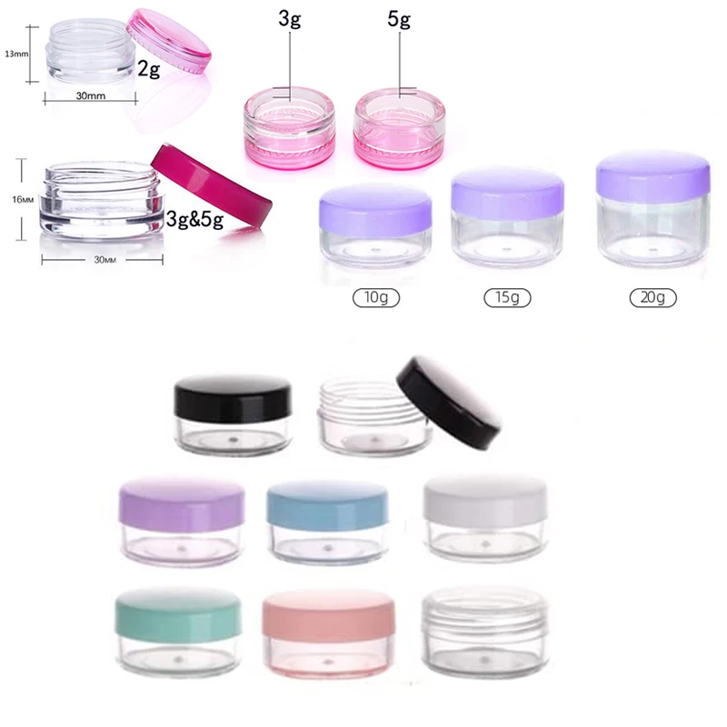 5pcs 2g/3g/5g/10g/15g/20g Empty Plastic Cosmetic Makeup Jar Pots Transparent Sample Bottles Eyeshadow Cream Lip Balm Containers