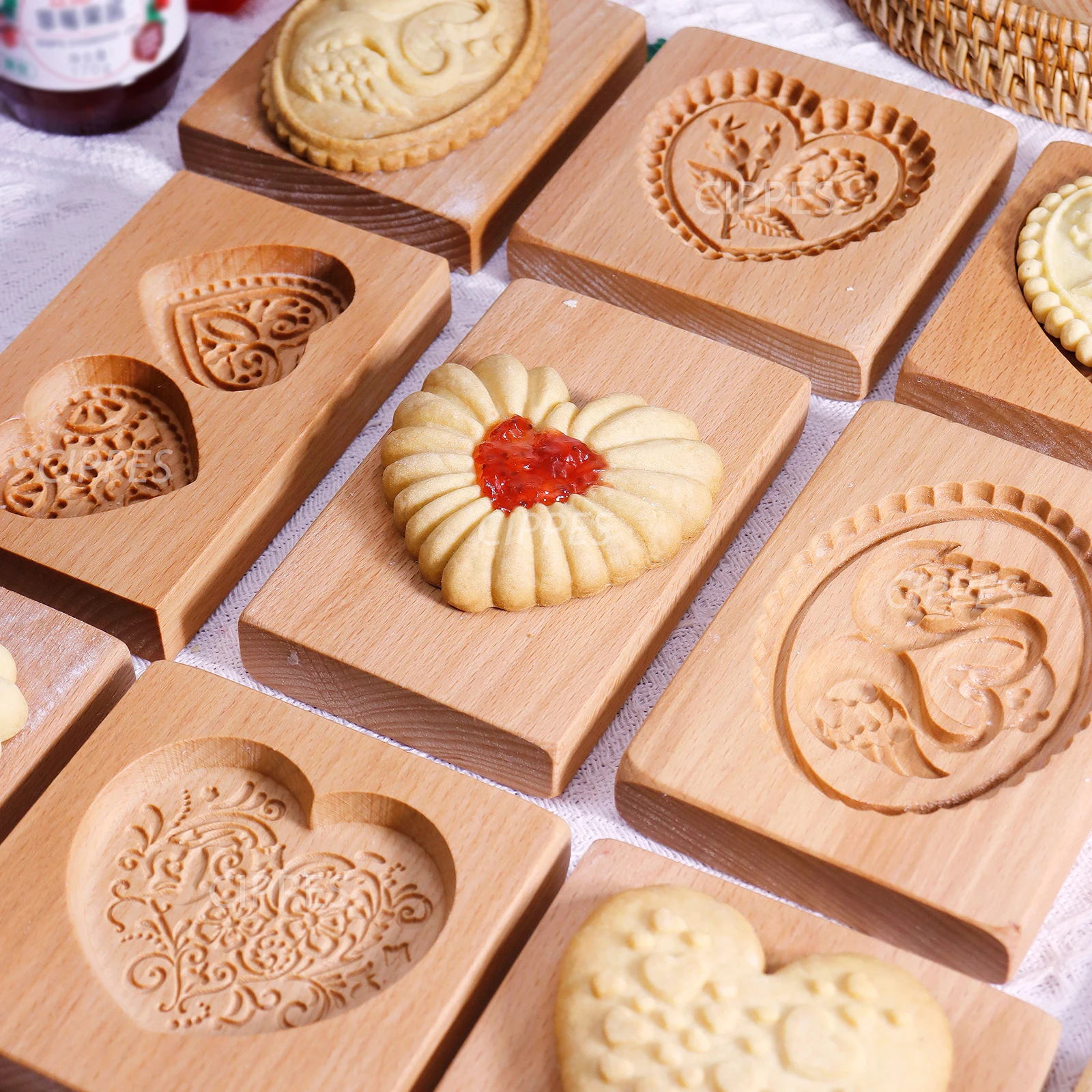 1PC Wood Cookie Mold with Heart Flower Patterns, Christmas 3D DIY Carved Embossed Cookie Cutter Mould for Baking Fondant Biscuit