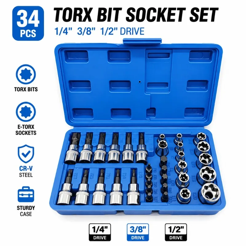 34Pcs Torx Bit & E-Torx Star Socket Set 1/4