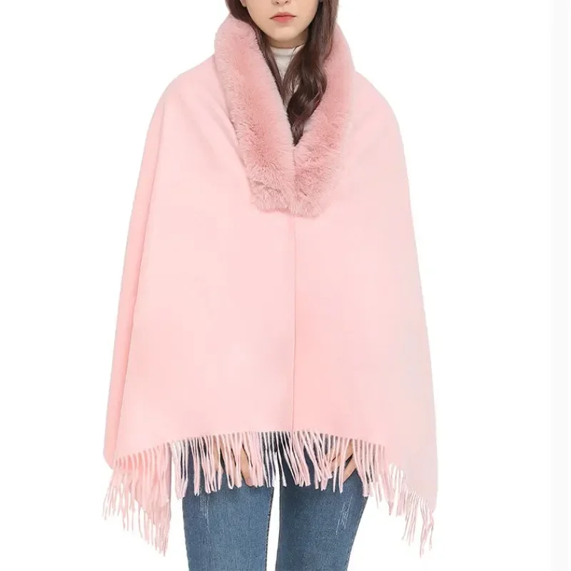 Autumn Imitation Fur Collar Scarf Cape Winter Warm Women Scarf Shawl Dual Purpose  Ponchos Lady Capes Cloak Pink Cardigan