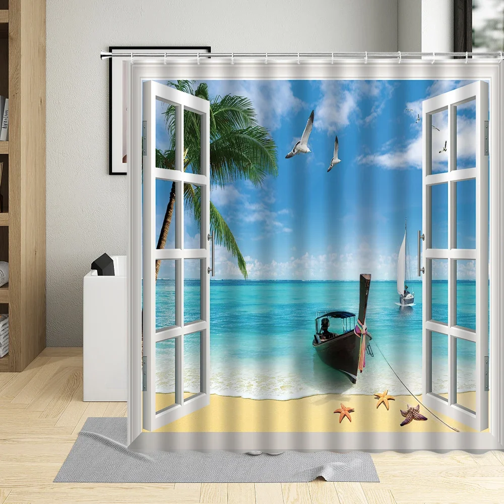 3D Window Beach Scenery Shower Curtain Palm Tree Sea Natural Landscape Bathroom Decor Polyester Cloth Hanging Curtains Sets