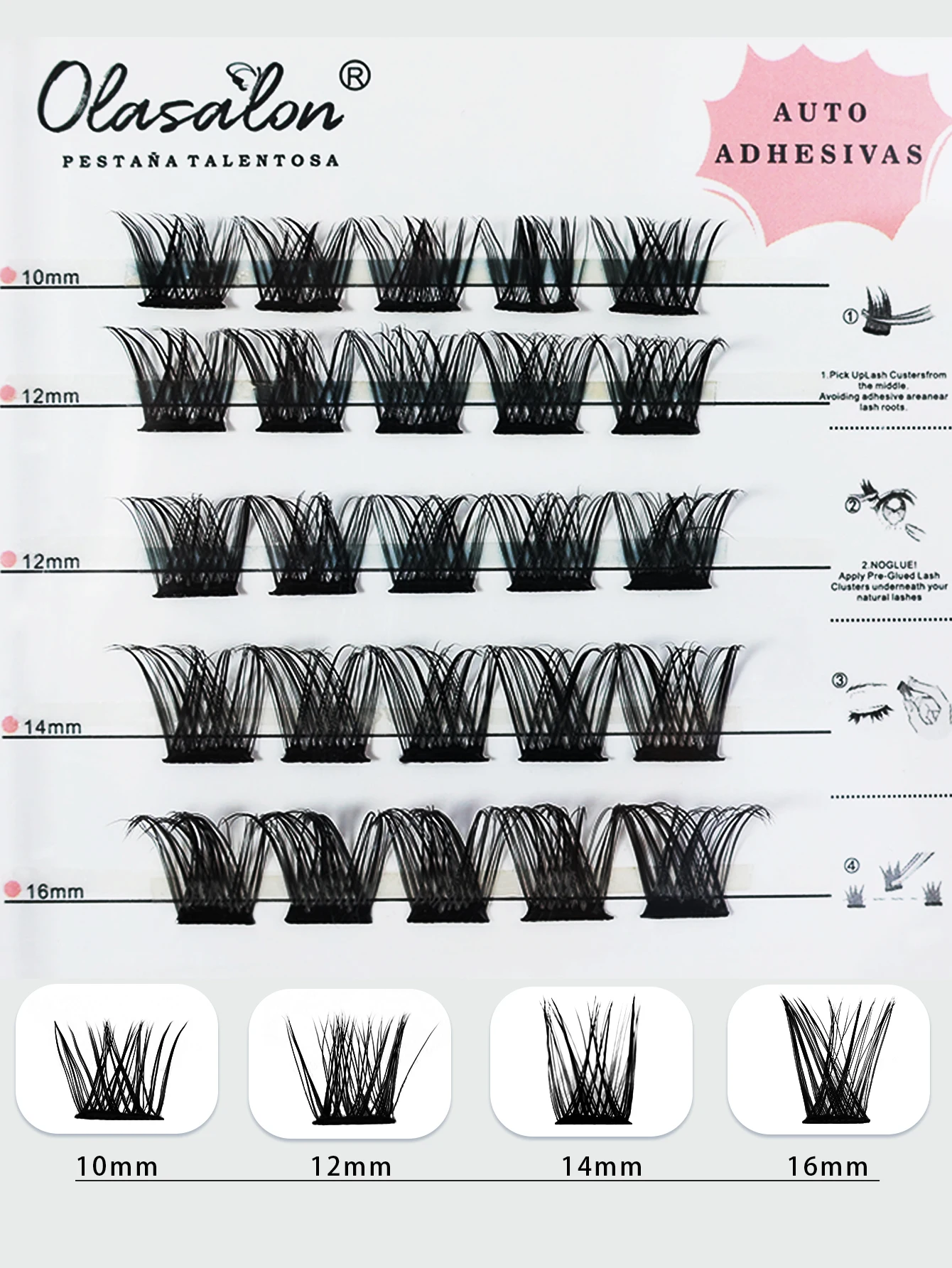 Olasalon Self Adhesive Lash Clusters D+ Curl Press-On No Glue Needed DIY Lash Extension Reusable Cluster Lashes Fuss Free No St
