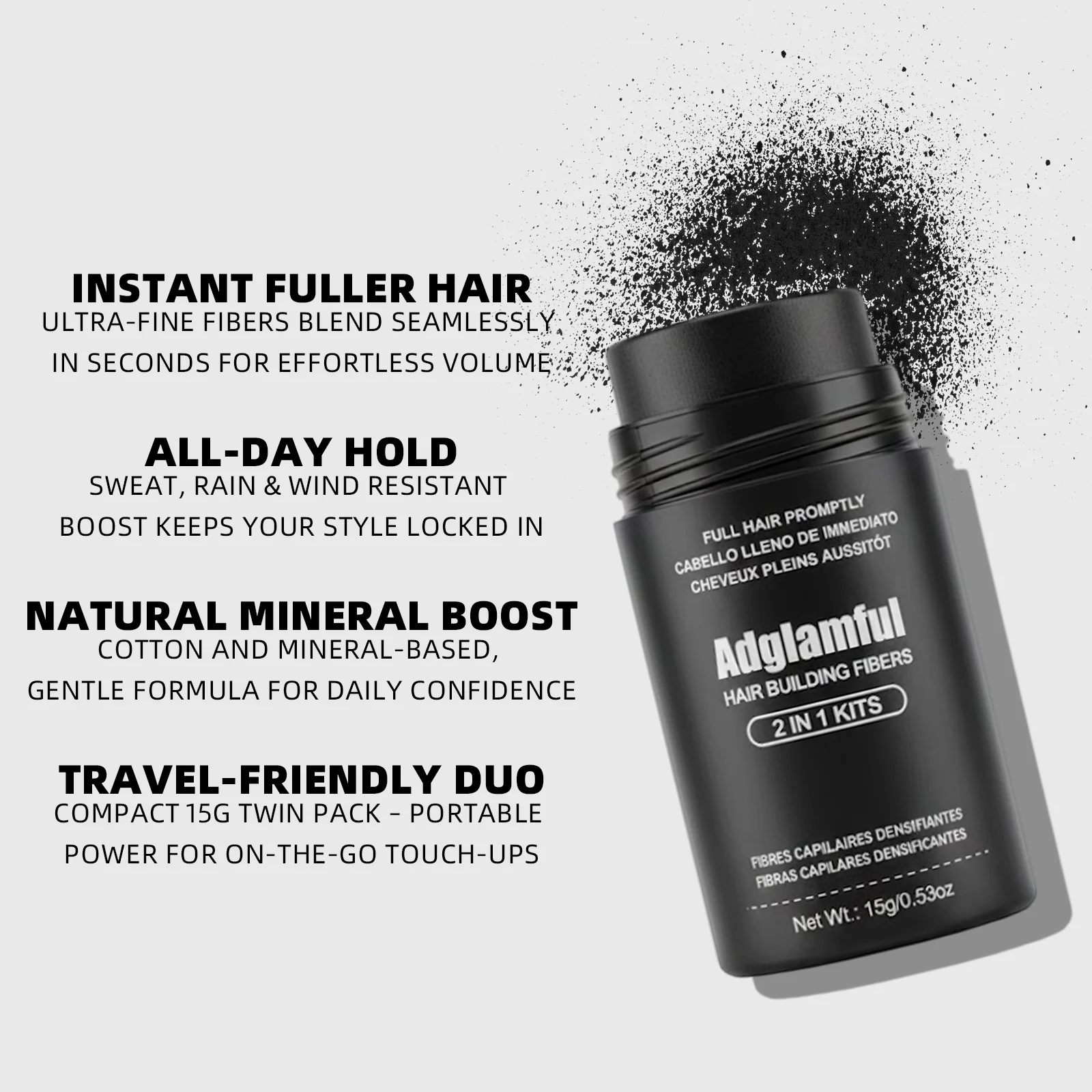 

Adglamful Fiber Powder 2шт: мгновенно заполняет в 3х, скрывает зазор естественно. Премисно густыми редкими волосами. Путешествие незаменимо.