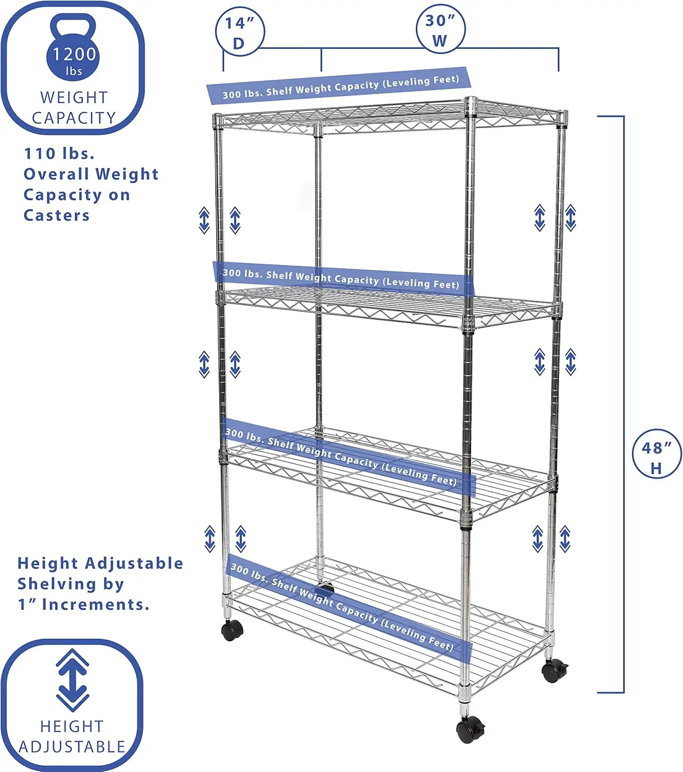 Solid Steel Wire Shelving Storage Unit Adjustable Shelves Organizer Rack, for Home, Kitchen, Office, Garage, Bedroom, Closet