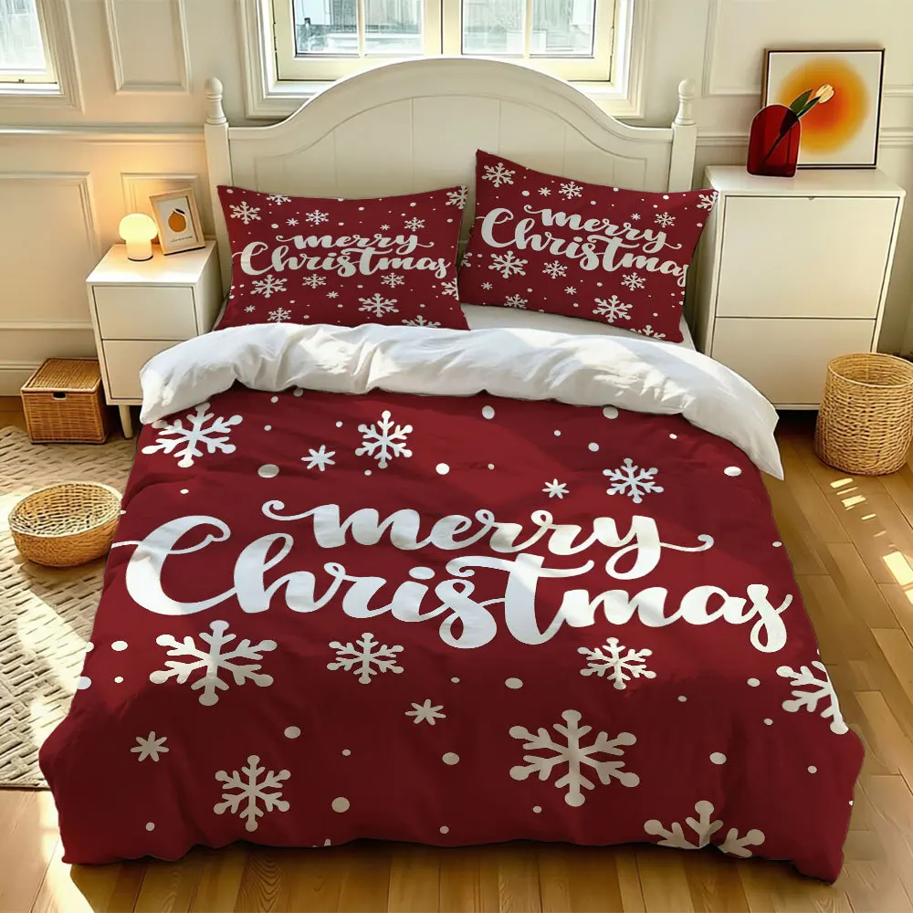 Red Christmas Bedding Set 3D Printed Soft Duvet Cover Set for Home Bedroom Decoration, 1 Duvet Cover and 2pillowcase with Zipper