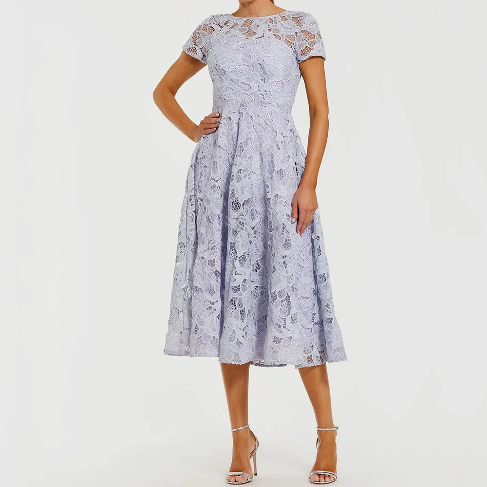 

Women's A-line Evening Dresses Tea-length O-neck Short Sleeve Prom Gown Fashion Lace Simple Draped Casual Customized Gowns