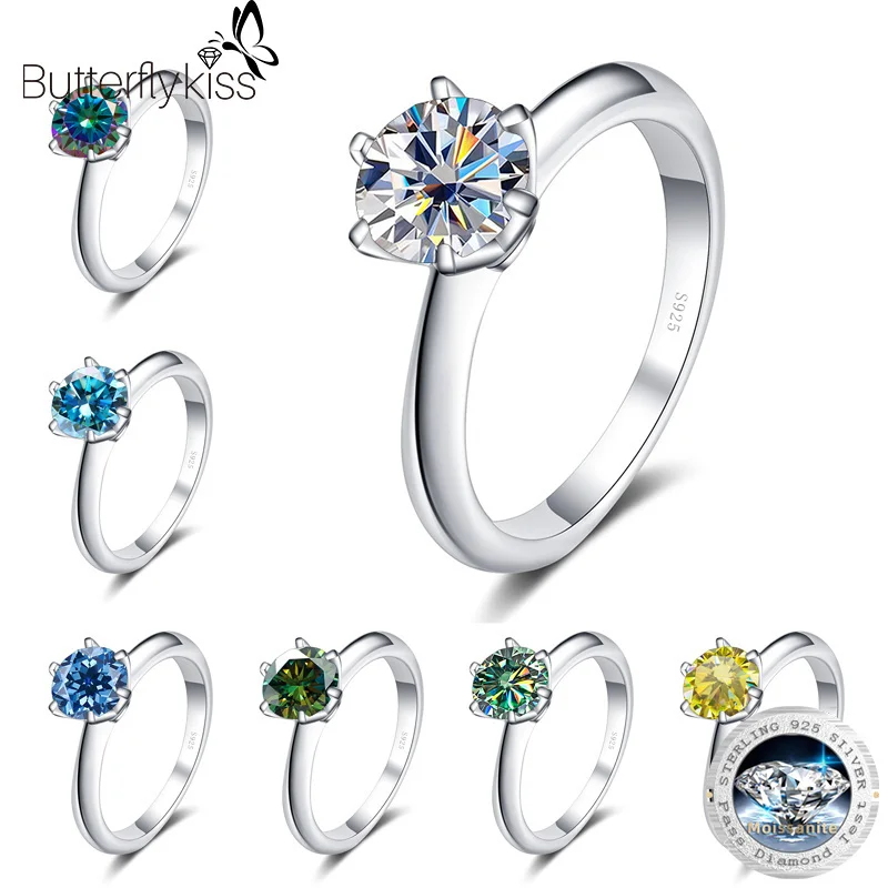 

Butterflykiss Luxury 100% Real 5Carat Moissanite Diamond Rings For Women Wedding 925 Silver Classic Round Jewelry Gift With GRA