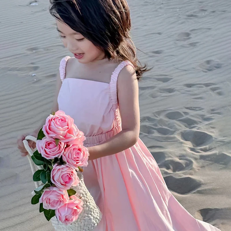 Girls' Princess Party Dress Solid Color Girls' Korean Style Girls' Suspend Puffy Dress Children Casual Sleeveless Dress