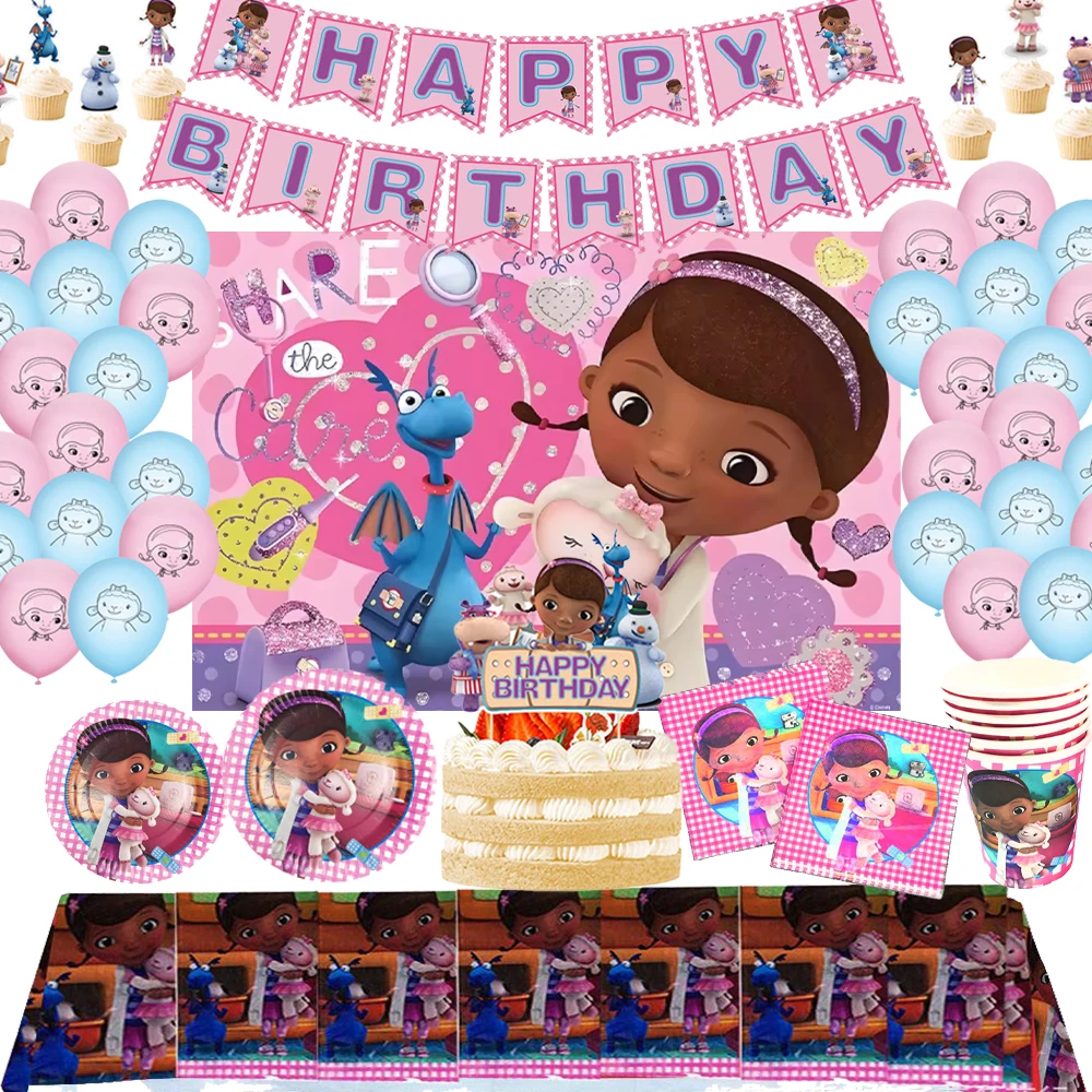 

Disney Toy Doctor Doc McStuffins Birthday Party Decorations Child Disposable Tableware Cake Topper Cartoon Backdrop Balloons Set