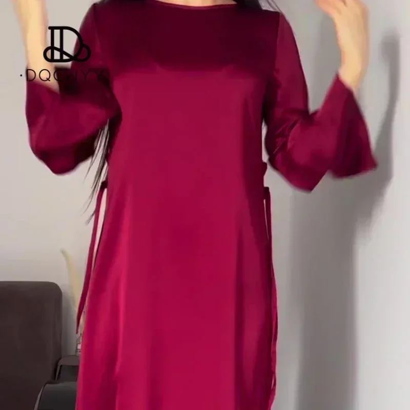 Spring Autumn 2024 New Lace Up Waist Slimming Lace Wine Red Color Long Dresses Sleeved British Style Elegant Dresses for Women