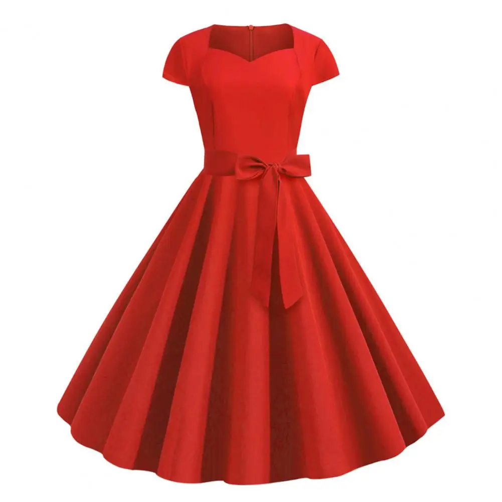 

Princess Style Lady Midi Dress Cocktail Dress for Women Vintage 50s 60s Rockabilly Prom Dresses V Neck Belted Bow Party Dress