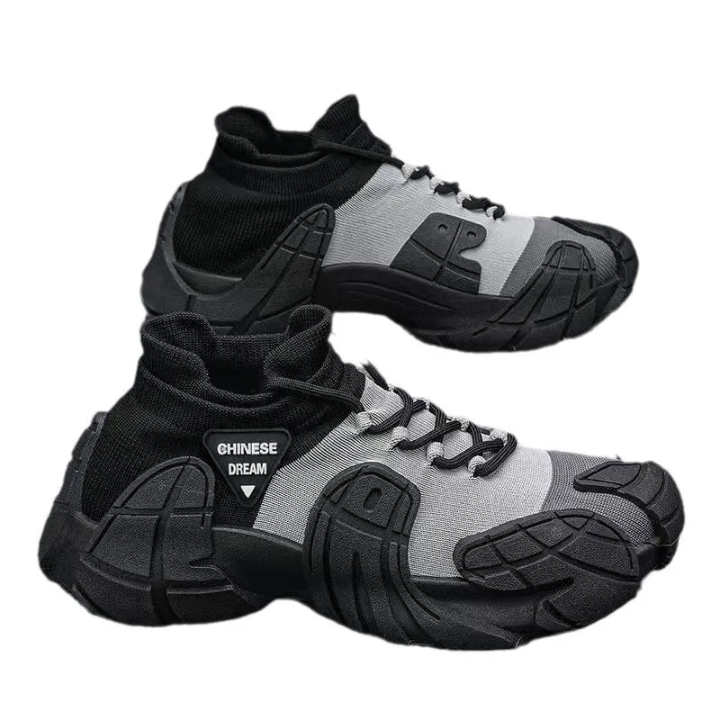 New Thick-soled Lightweight Man Shoes Fei-woven Sock Opening Casual Breathable Teenagers' Fashionable Color-blocked Sports Shoes