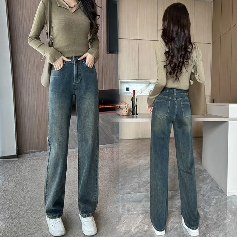 

Women's 150cm small spring and summer straight denim high-waisted retro cropped pants are simple and classic casual versatile