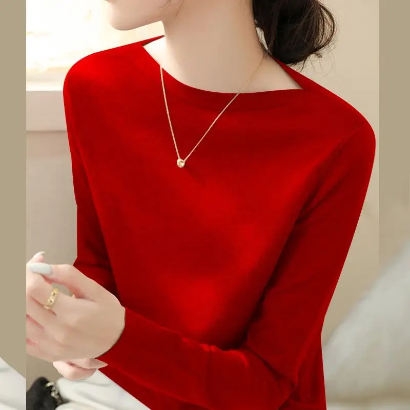 Sweet Flattering Round Neck Solid Color Pullover Long Sleeve Sweater Knitted Elegant Casual Screw Thread Women\'s Clothing Tops