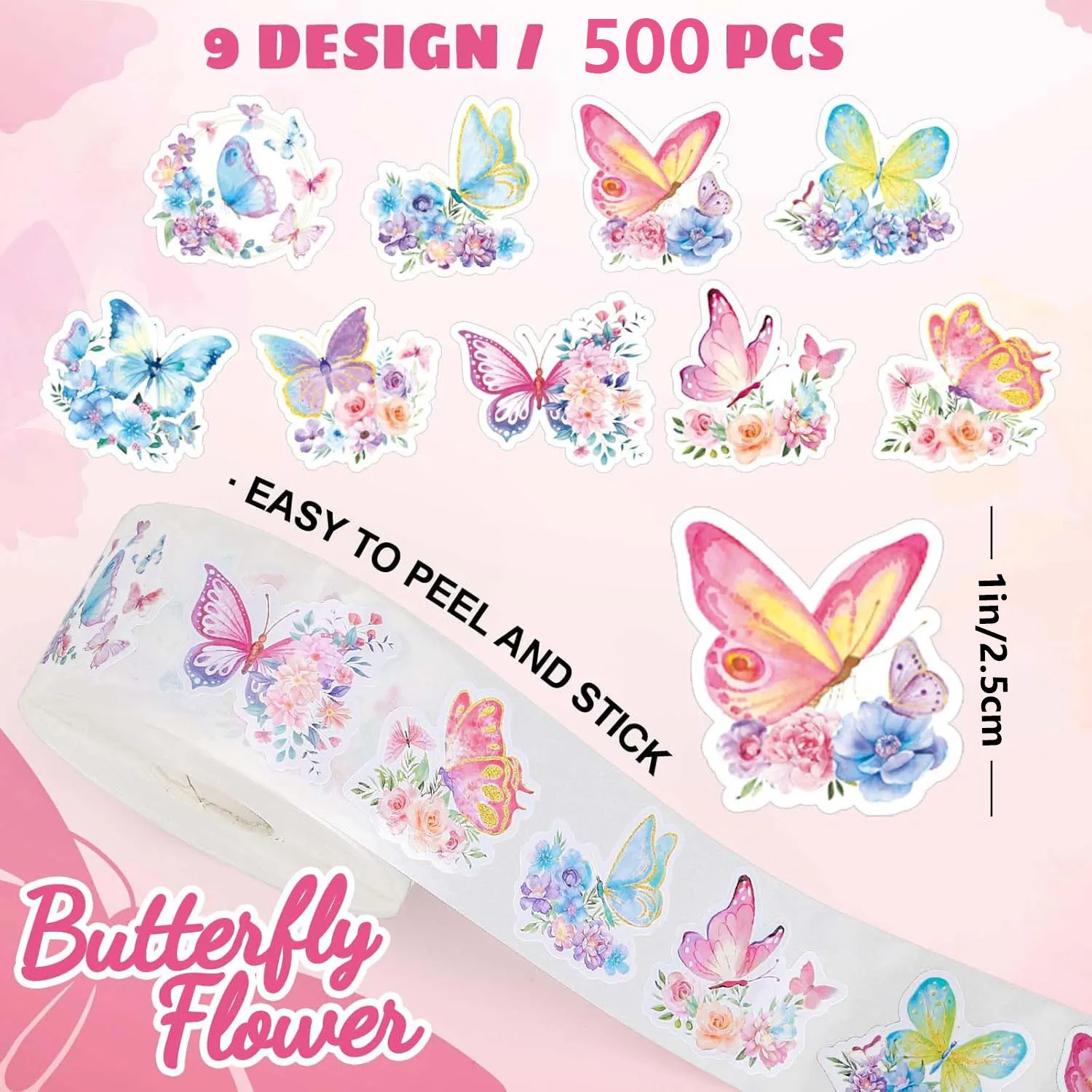 500pcs Butterfly Flower Sticker Rolls 8 Design Colorful Butterfly Decals Decorative Flowers Cute Stickers Party Favor Decoration