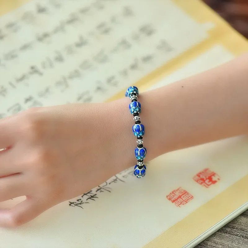 925 Silver Blue Enamel Charm Bracelet for Women Creative Exquisite Lotus Vintage Braided Bangles New in Originality Jewelry Gift