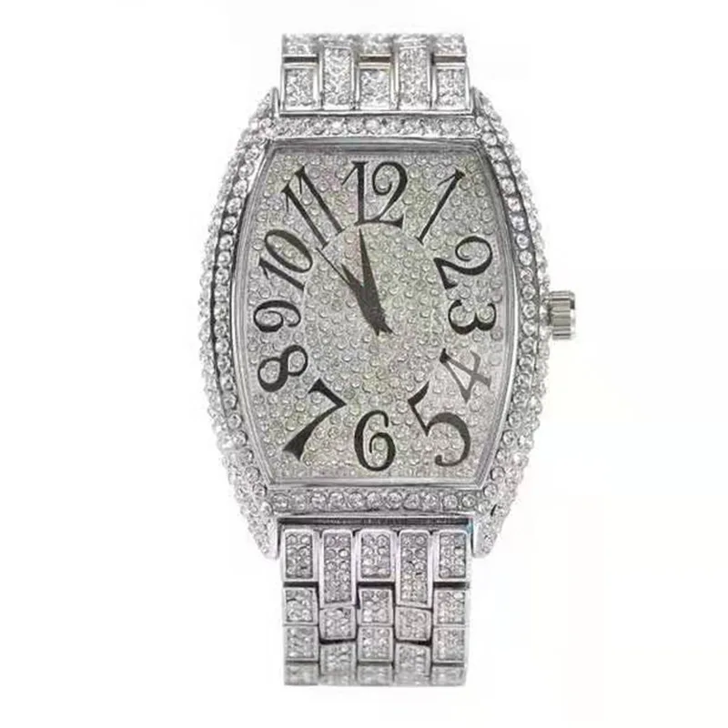 Fashionable and trendy diamond studded wine barrel style waterproof quartz wristwatch for both men and women